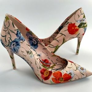 ALDO Stessy Floral Pumps Size 8 Pointy Toe Slip On Satin High Heels Hibiscus